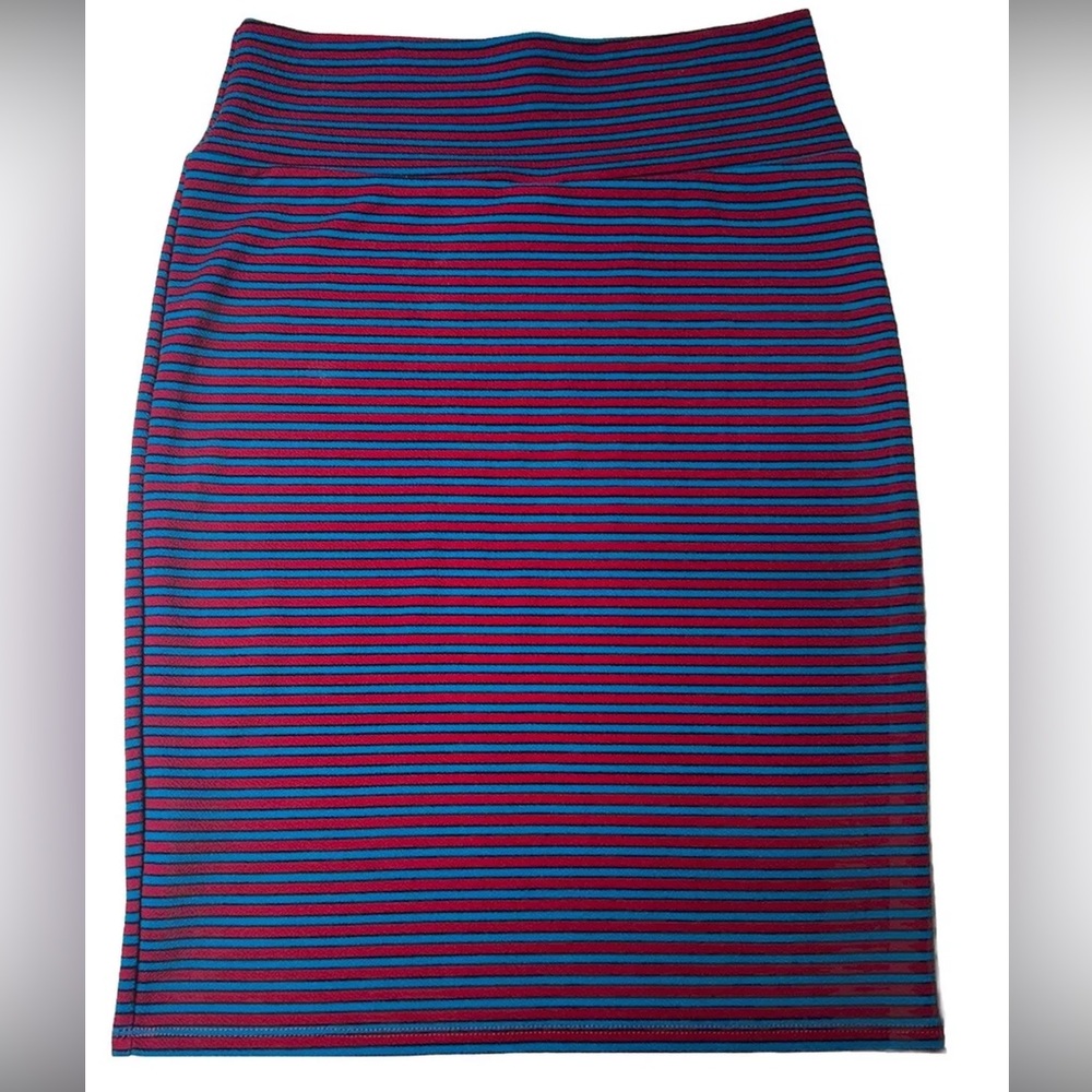 Women’s Large L LuLaRoe Striped Pencil Skirt Body Con Red Blue Black Spandex